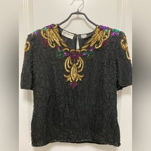 Scala Vintage Beaded Sequin Blouse Silk Size Petite Small Holiday